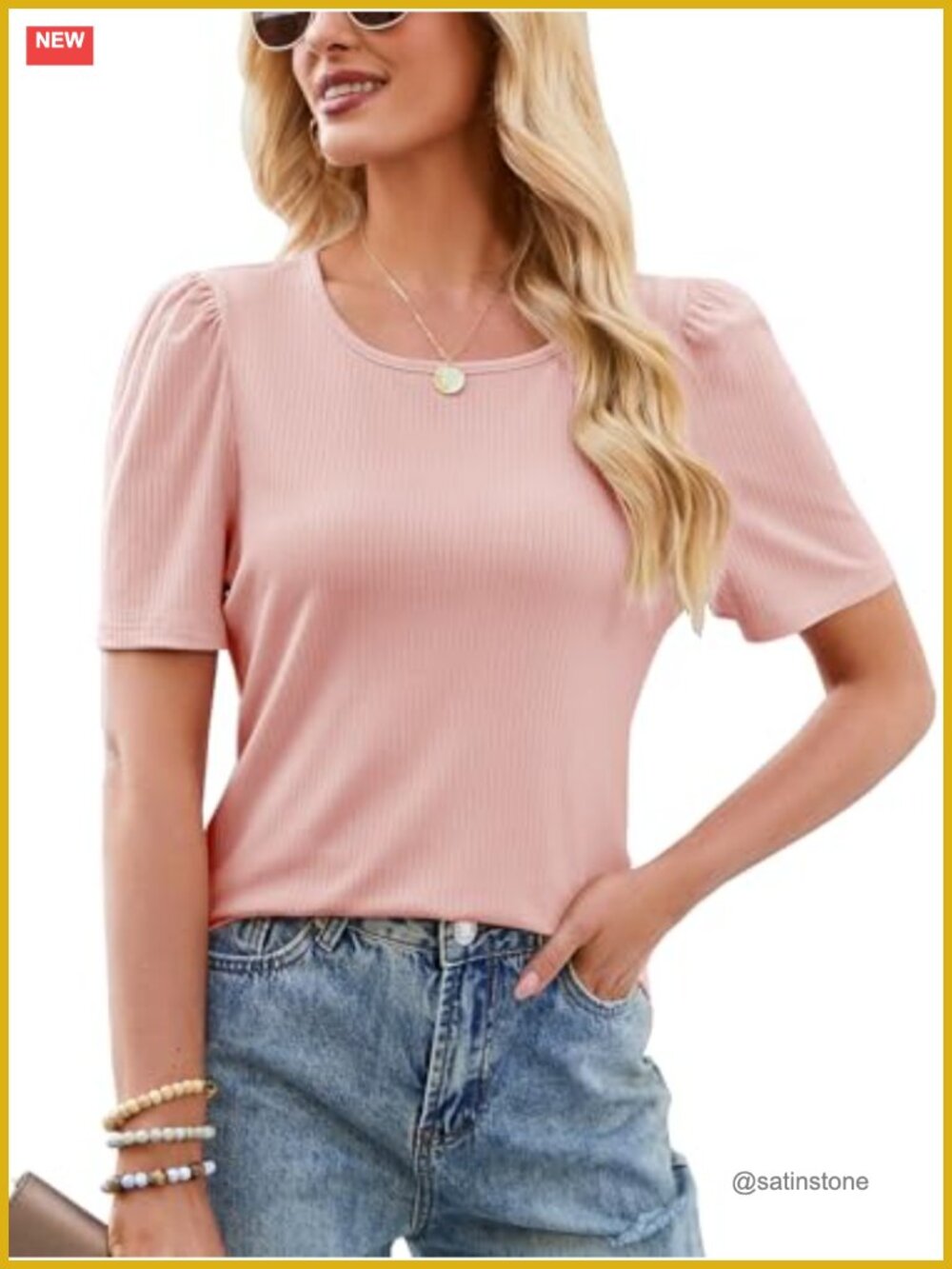 Puff Short Sleeve Textured T-Shirt Ribbed Knit Crewneck Blouse Summer
